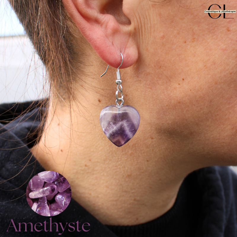 Boucles d'oreilles avec pierre Amethyste AB en forme de coeur 20mm Lithothérapie