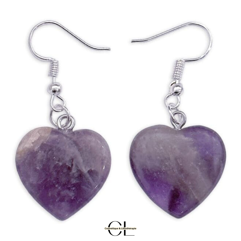 Boucles d'oreilles avec pierre Amethyste AB en forme de coeur 20mm Lithothérapie