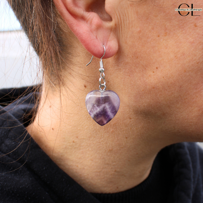 Boucles d'oreilles avec pierre Amethyste AB en forme de coeur 20mm Lithothérapie