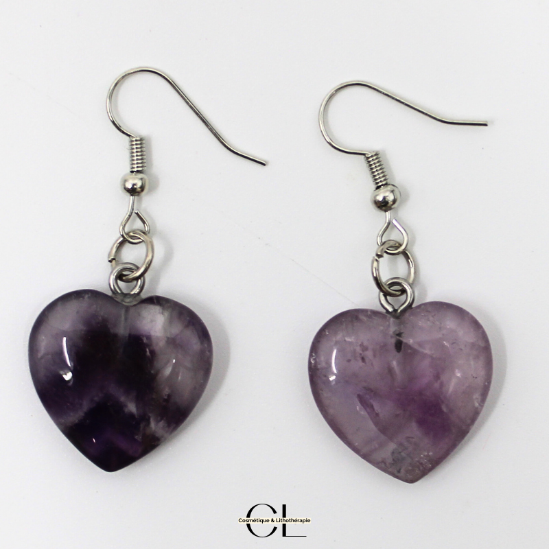 Boucles d'oreilles avec pierre Amethyste AB en forme de coeur 20mm Lithothérapie