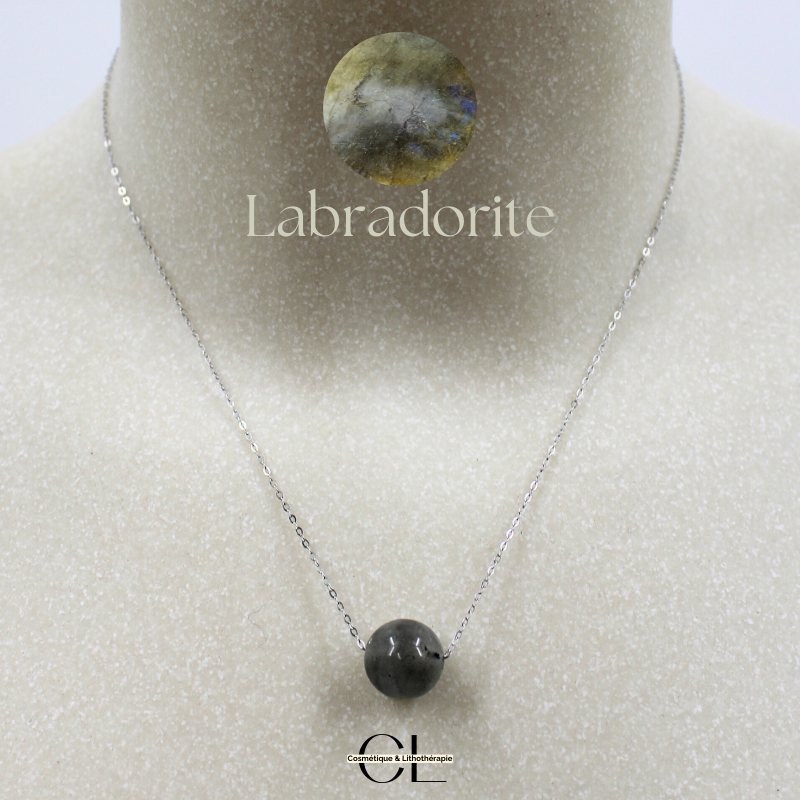 Collier en argent 925  avec pierre Labradorite A Boule 12mm Lithothérapie
