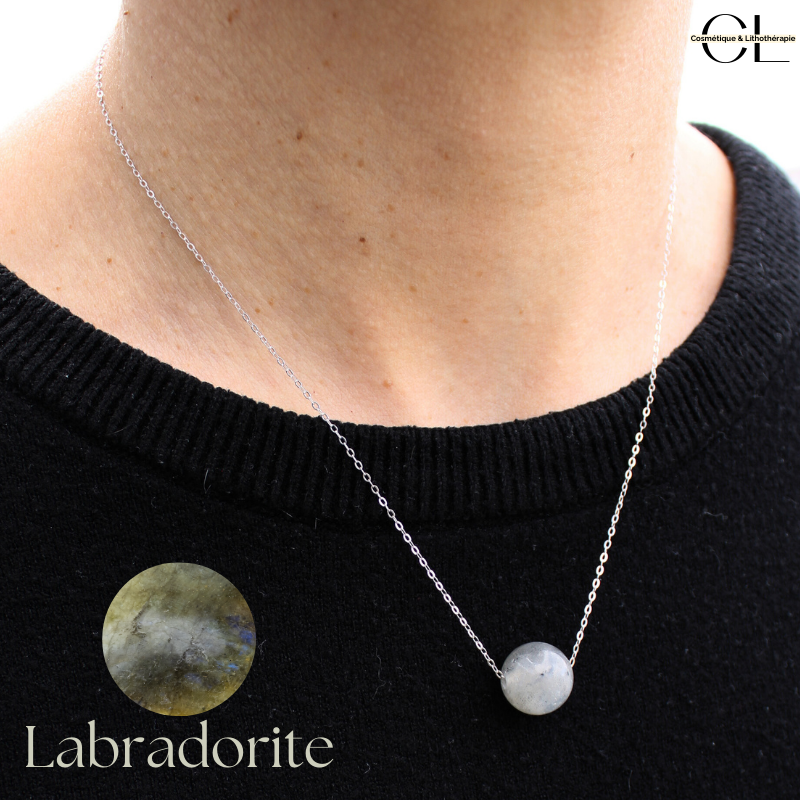 Collier en argent 925  avec pierre Labradorite A Boule 12mm Lithothérapie