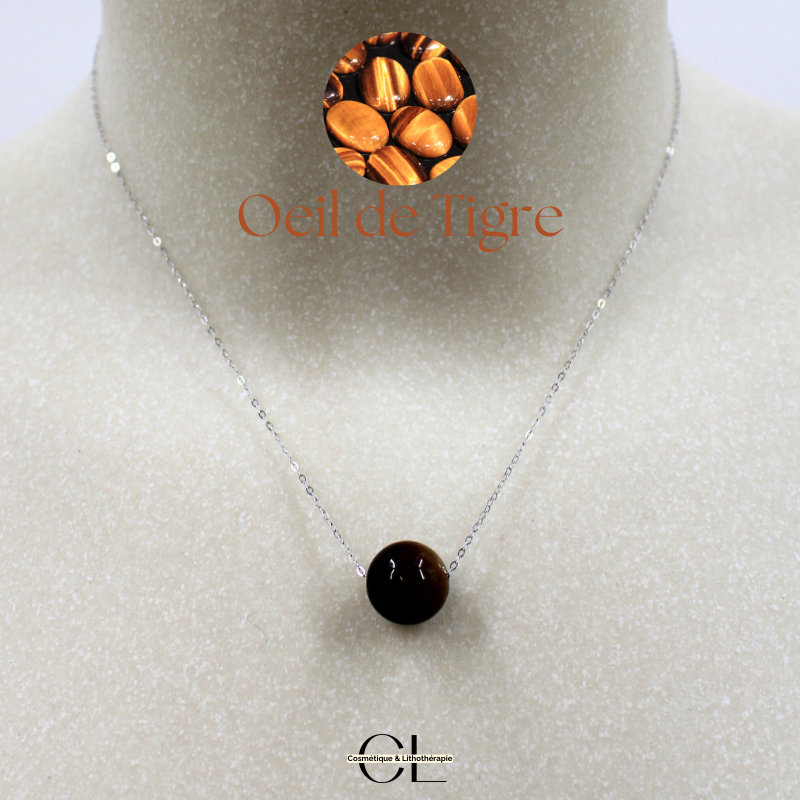 Collier en argent 925 avec pierre Oeil de Tigre AA boule 12mm Lithothérapie