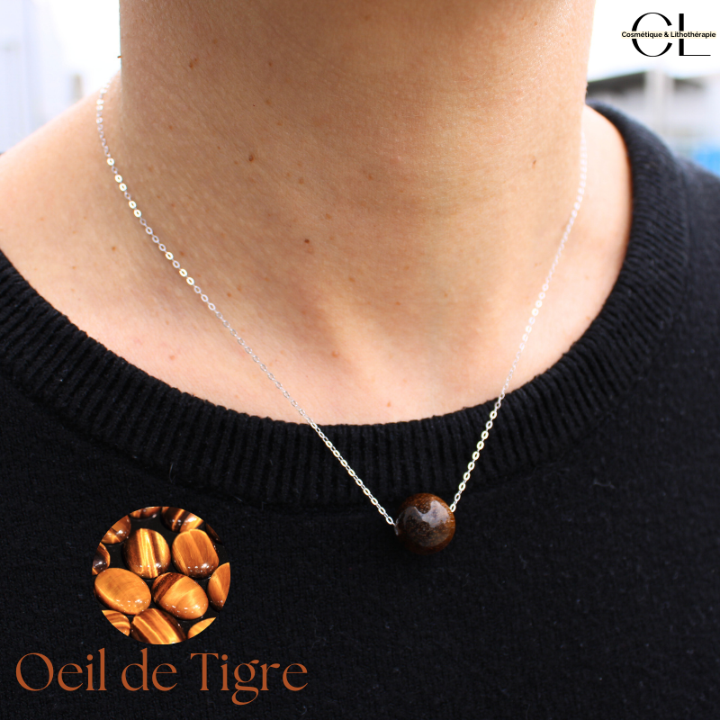 Collier en argent 925 avec pierre Oeil de Tigre AA boule 12mm Lithothérapie