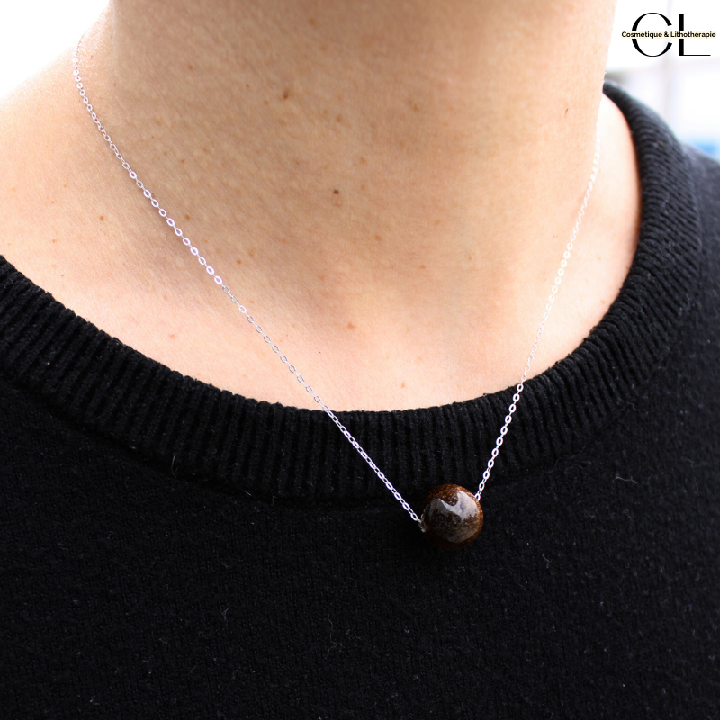 Collier en argent 925 avec pierre Oeil de Tigre AA boule 12mm Lithothérapie