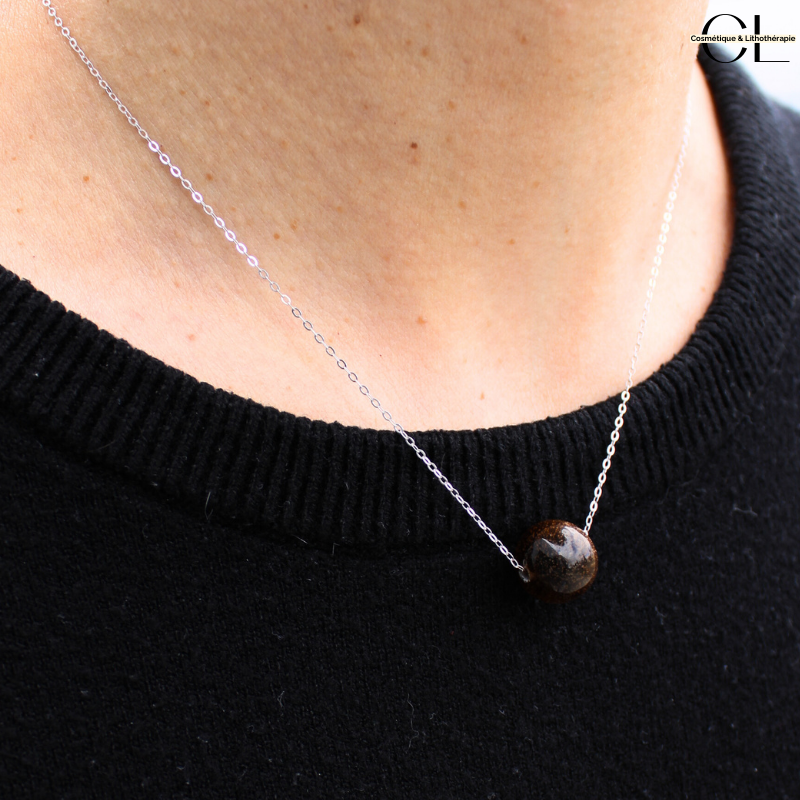 Collier en argent 925 avec pierre Oeil de Tigre AA boule 12mm Lithothérapie