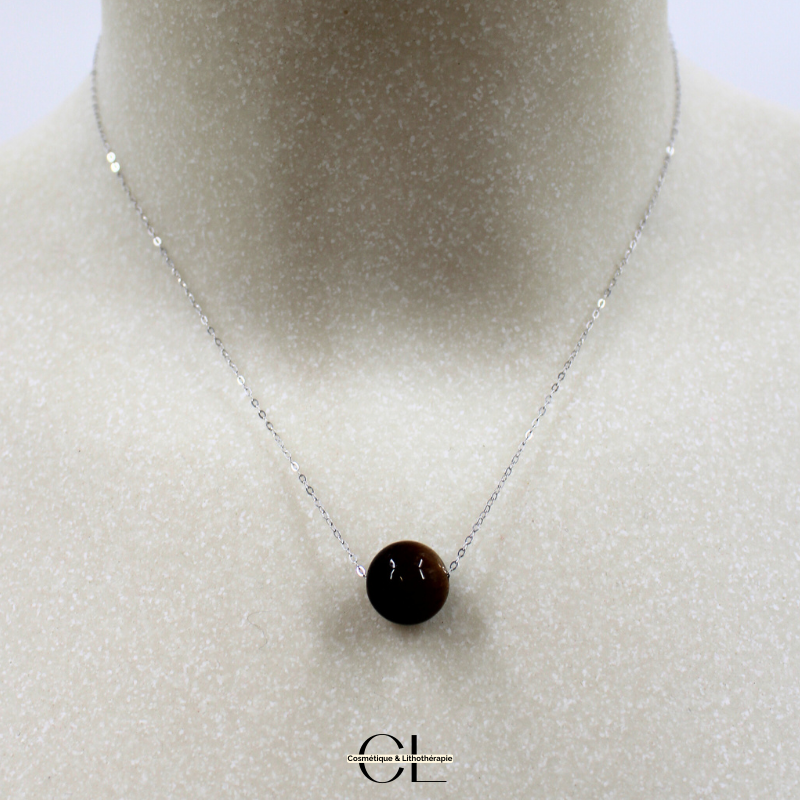Collier en argent 925 avec pierre Oeil de Tigre AA boule 12mm Lithothérapie