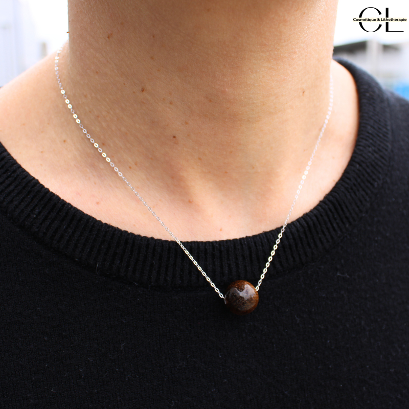 Collier en argent 925 avec pierre Oeil de Tigre AA boule 12mm Lithothérapie