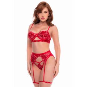 Ensemble 3 pièces rouge écarlate avec soutien-gorge brodé de sequins, porte-jarretelles et string - Mapalé Mapalé