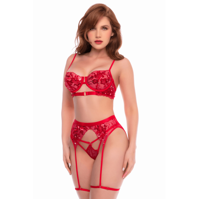 Ensemble 3 pièces rouge écarlate avec soutien-gorge brodé de sequins, porte-jarretelles et string - Mapalé Mapalé
