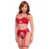 Ensemble 3 pièces rouge écarlate avec soutien-gorge brodé de sequins, porte-jarretelles et string - Mapalé Mapalé