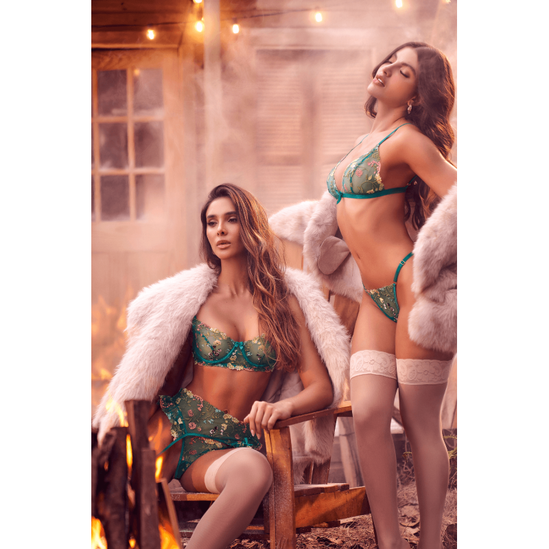 Ensemble 3 pièces vert aurore avec soutien-gorge brodé, porte-jarretelles et string - Mapalé Mapalé