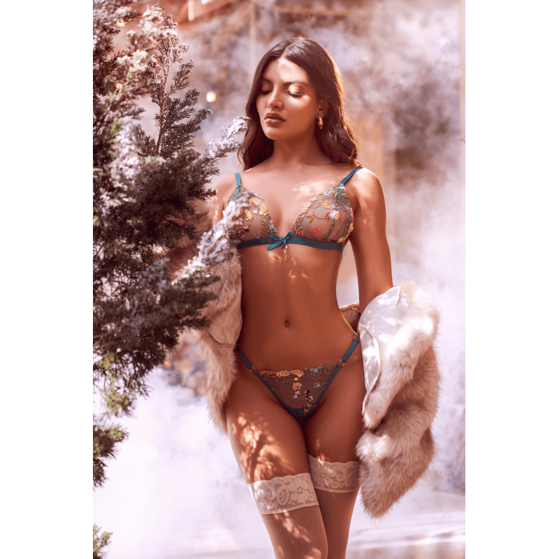 Ensemble 2 pièces vert aurore avec soutien-gorge brodé transparent et string - Mapalé Mapalé
