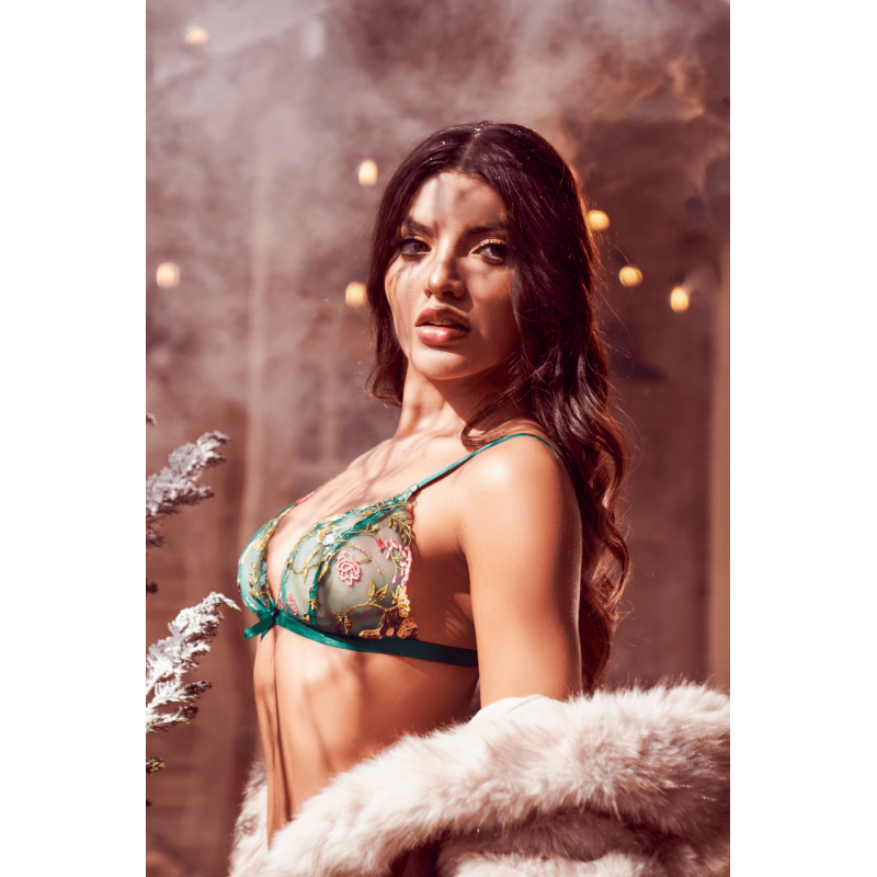 Ensemble 2 pièces vert aurore avec soutien-gorge brodé transparent et string - Mapalé Mapalé