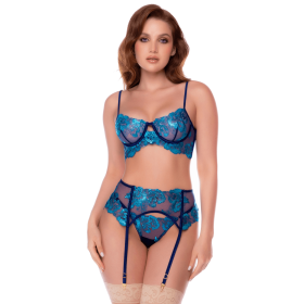 Ensemble 3 pièces bleu nuit brodé avec porte-jarretelles et string - Mapalé Mapalé