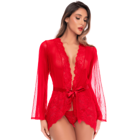 Peignoir transparent rouge en résille plumetis et dentelle avec string - Mapalé Mapalé