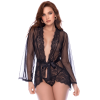 Peignoir transparent noir en résille plumetis et dentelle avec string - Mapalé Mapalé
