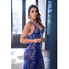 Robe longue transparente bleu royal en dentelle avec dos croisé et fente haute - Mapalé Mapalé