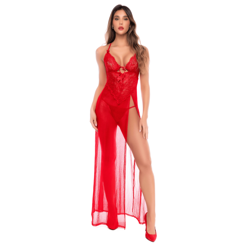 Robe longue transparente rouge en dentelle et résille avec string - Mapalé Mapalé