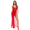 Robe longue transparente rouge en dentelle et résille avec string - Mapalé Mapalé