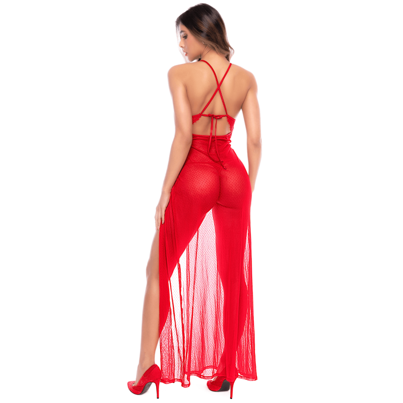 Robe longue transparente rouge en dentelle et résille avec string - Mapalé Mapalé