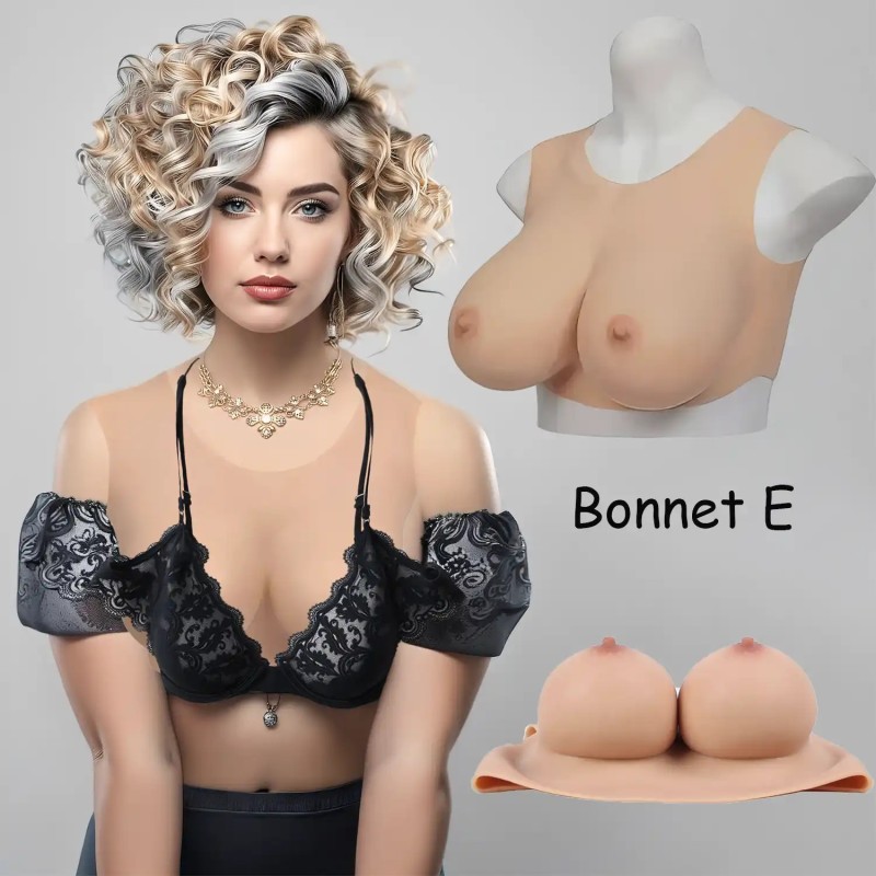 Buste faux seins en silicone, encolure ronde, Bonnet E