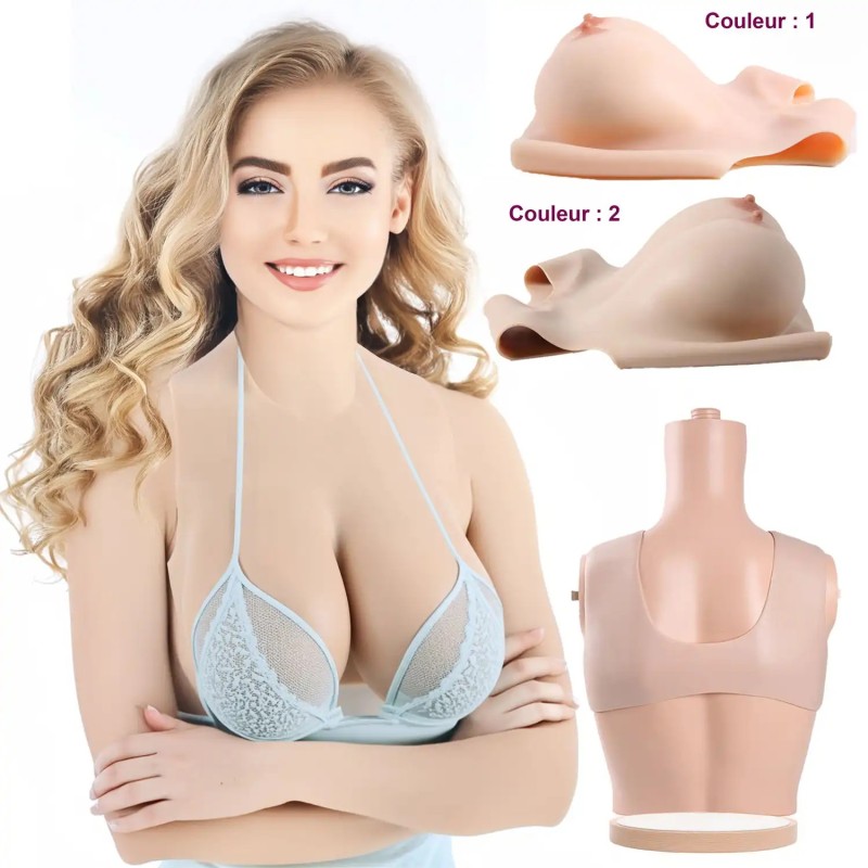 Buste faux seins silicone, encolure ronde, décolleté dos