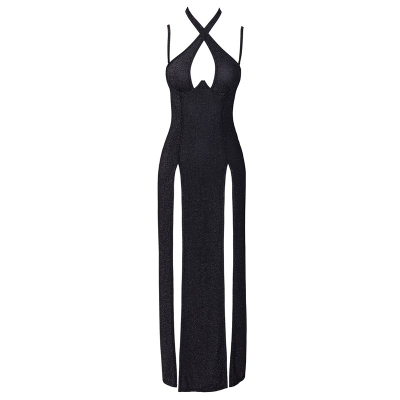 Robe longue à décolleté plongeant noire argentée - Cottelli PARTY