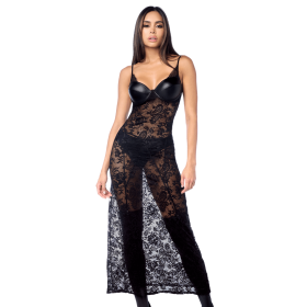 Robe longue sexy en dentelle  cuir avec string et porte-jarretelles 
