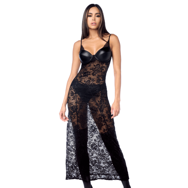 Robe longue sexy en dentelle  cuir avec string et porte-jarretelles 
