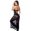 Robe longue sexy en dentelle  cuir avec string et porte-jarretelles 