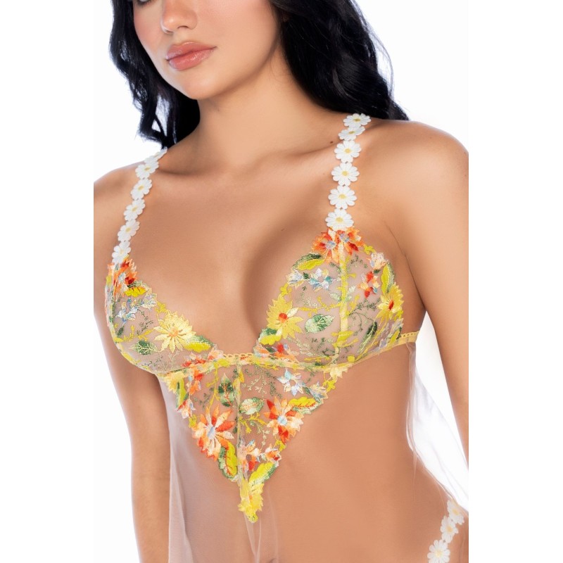 Nuisette transparente brodée jaune et string 
