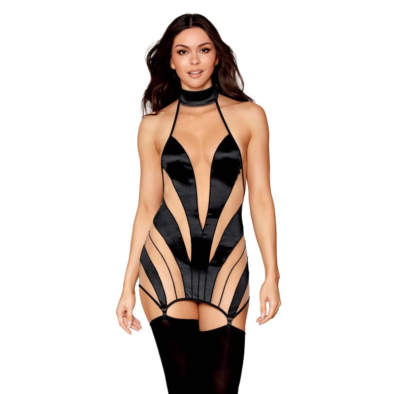 Nuisette stylée noire et transparence avec porte-jarretelles 