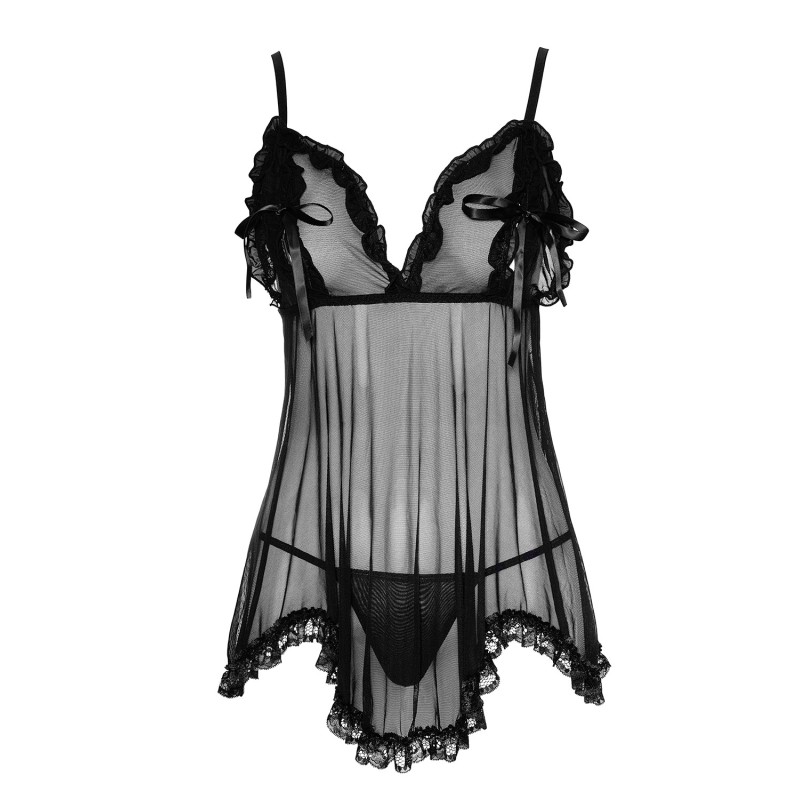 Nuisette en résille et dentelle noire avec string 