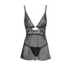Nuisette noire en dentelle et résille transparente avec string 