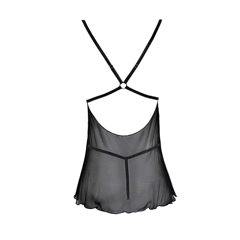 Nuisette noire en dentelle et résille transparente avec string 