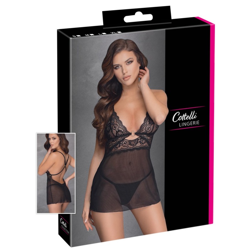 Nuisette noire en dentelle et résille transparente avec string 