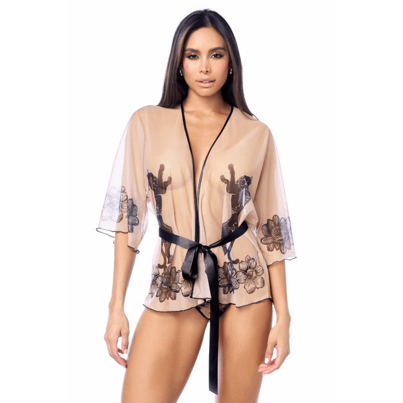 Peignoir sexy en résille imprimée transparente avec string 