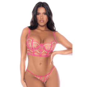 Ensemble 2 pièces résille brodée rose 