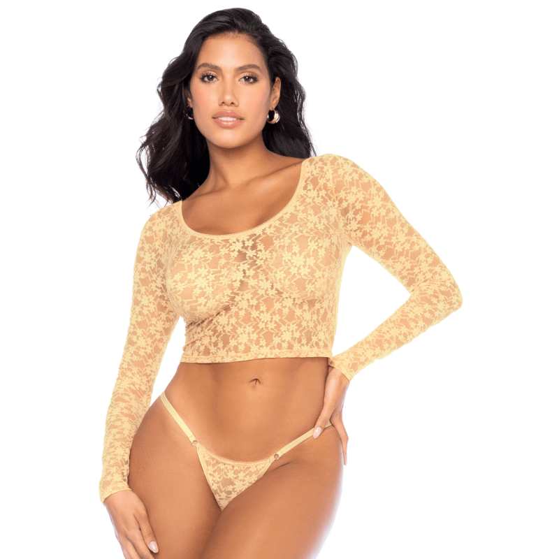 Ensemble 2 pièces en dentelle jaune pastel, crop top et string 