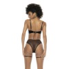 Ensemble 2 pièces, en vinyl et résille noir, soutien gorge seins nus et string avec zip fonctionnel 