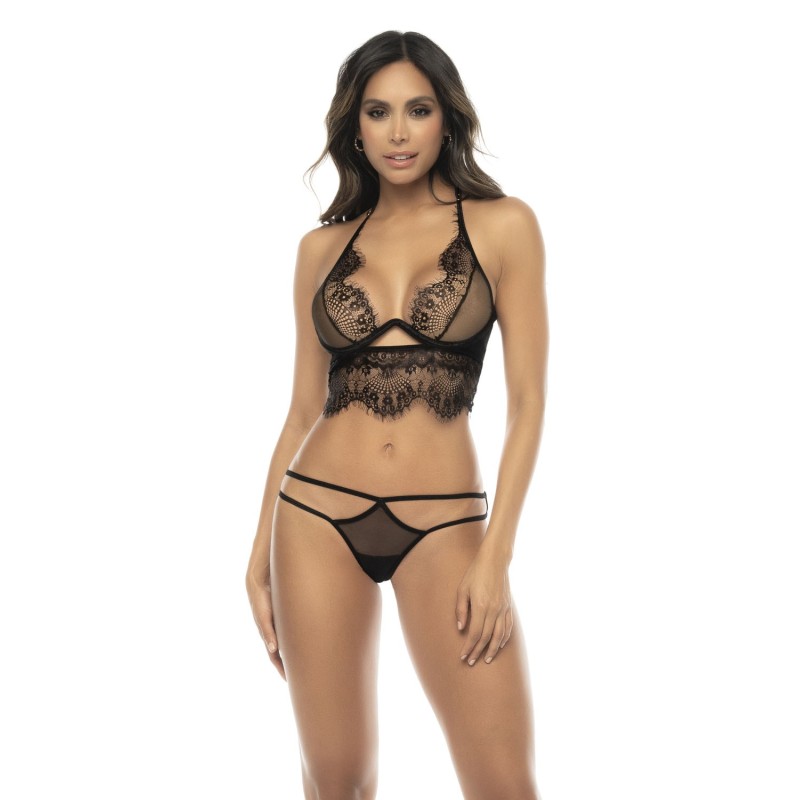 2 en 1 Nuisette et ensemble 2 pièces en dentelle et résille, soutien gorge avec armatures, string et une jupe 