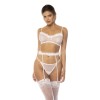 Ensemble 3 pièces blanc Emmie, soutien gorge, porte jarretelles avec fausse fourrure et string assorti 