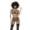 Ensemble 3 pièces noir et chair Kyra, avec dentelle brodée, soutien gorge à armatures, porte jarretelle et culotte 