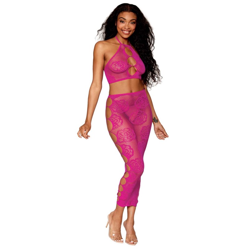 Ensemble Soutien-gorge et jupe longue en filet rose 