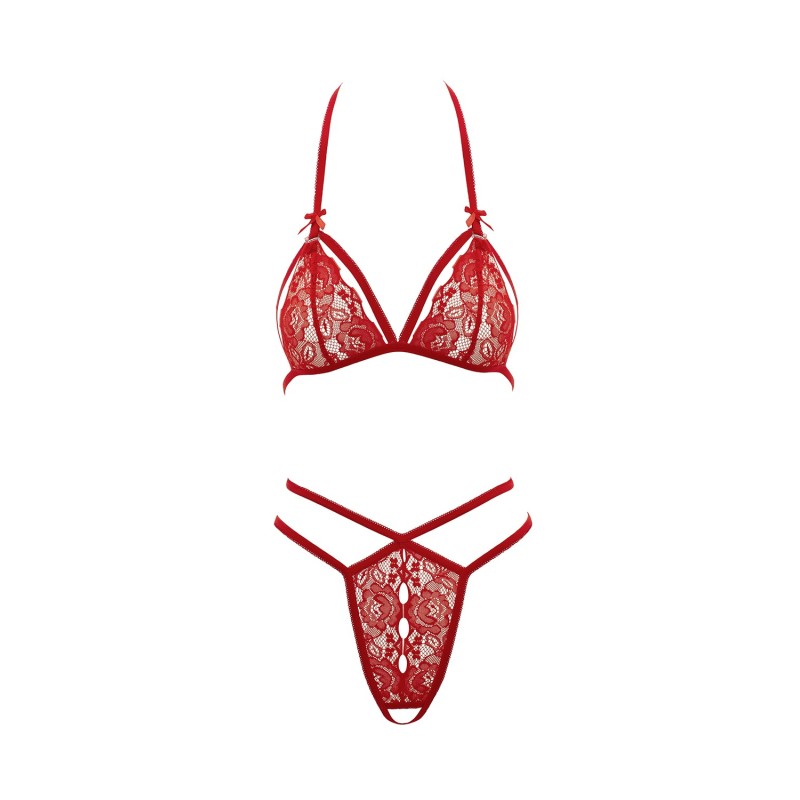 Soutien-gorge en dentelle rouge avec bonnets détachables et string 