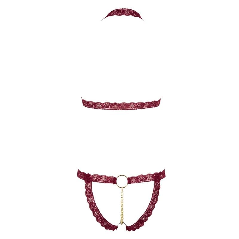 Soutien-gorge ouvert et string rouge à larges bandes sexy 