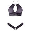 Soutien-gorge bandeau, en dentelle et résille noire et string ouvert 