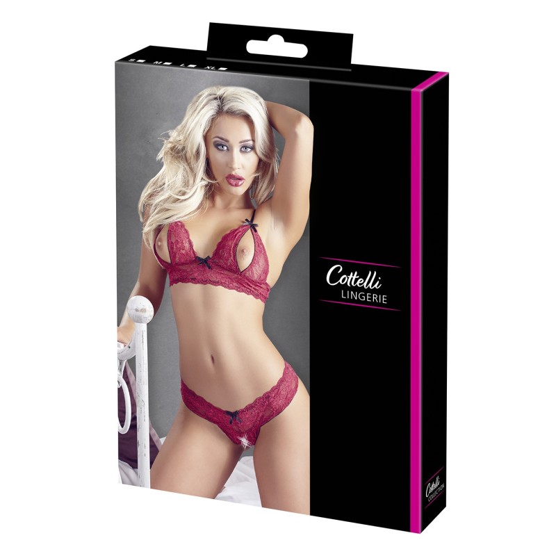 Soutien-gorge, bonnets ouverts, en dentelle rouge et string assorti 