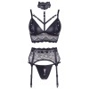 Ensemble soutien-gorge, porte jarretelles et culotte noir sexy 